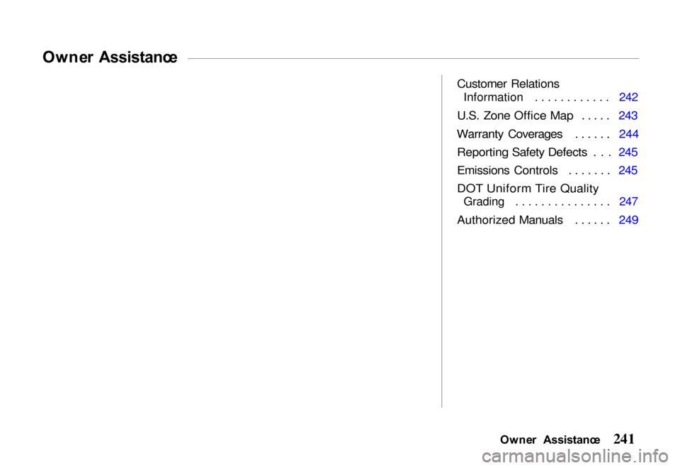 HONDA PASSPORT 2000 2.G Owners Manual Owne
r  Assistanc e

Customer Relations
Information ............ 242

U.S. Zone Office Map ..... 243
Warranty Coverages ...... 244 Reporting Safety Defects . . . 245
Emissions Controls ....... 245
DOT