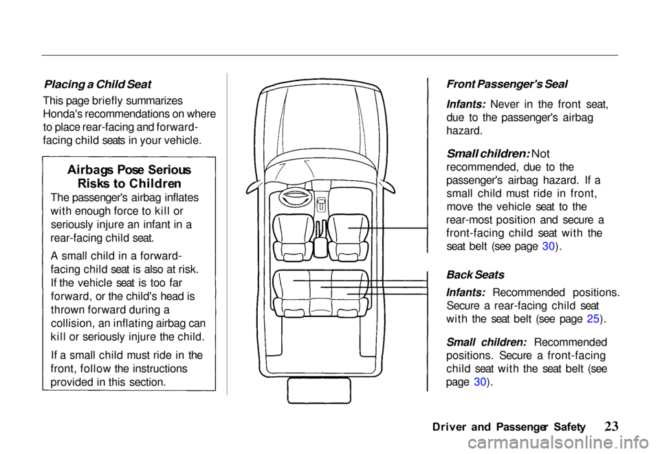 HONDA PASSPORT 2000 2.G Owners Manual 
Placing a Child Seat

This page briefly summarizes
Hondas recommendations on where to place rear-facing and forward-
facing child seats in your vehicle.
 Front Passengers Seal

Infants: Never in th