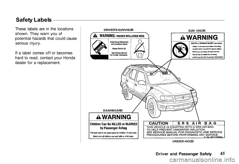 HONDA PASSPORT 2000 2.G Service Manual 
Safet
y Label s
These labels are in the locations shown. They warn you of
potential hazards that could cause serious injury.
If a label comes off or becomes
hard to read, contact your Honda dealer fo
