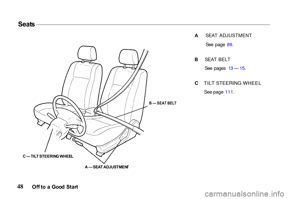 HONDA PASSPORT 2000 2.G Workshop Manual Seat
s
C  —  TIL T STEERIN G WHEE L
 B
 —  SEA T BEL T
A  SEAT ADJUSTMENT
See page 89.
B SEAT BELT
See pages 13 — 15.

C TILT STEERING WHEEL

See page 111.

A  —  SEA T ADJUSTMEN T

Of f t o  