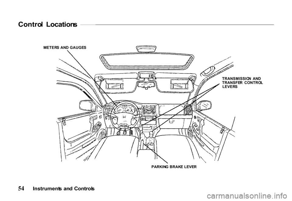 HONDA PASSPORT 2000 2.G Owners Manual 
Contro
l  Location s

METER S AN D GAUGE S
TRANSMISSION  AN D
TRANSFE R  CONTRO L
LEVER S
PARKIN G BRAK E LEVE R

Instrument s  an d  Control s 