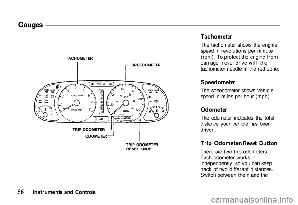 HONDA PASSPORT 2000 2.G Owners Manual Gauge
s
TRIP ODOMETE R
TRIP ODOMETE R
RESE T KNO B
Tachomete
r
The tachometer shows the engine speed in revolutions per minute
(rpm). To protect the engine from
damage, never drive with the
tacho HONDA PASSPORT 2000 2.G Owners Manual Gauge
s
TRIP ODOMETE R
TRIP ODOMETE R
RESE T KNO B
Tachomete
r
The tachometer shows the engine speed in revolutions per minute
(rpm). To protect the engine from
damage, never drive with the
tacho