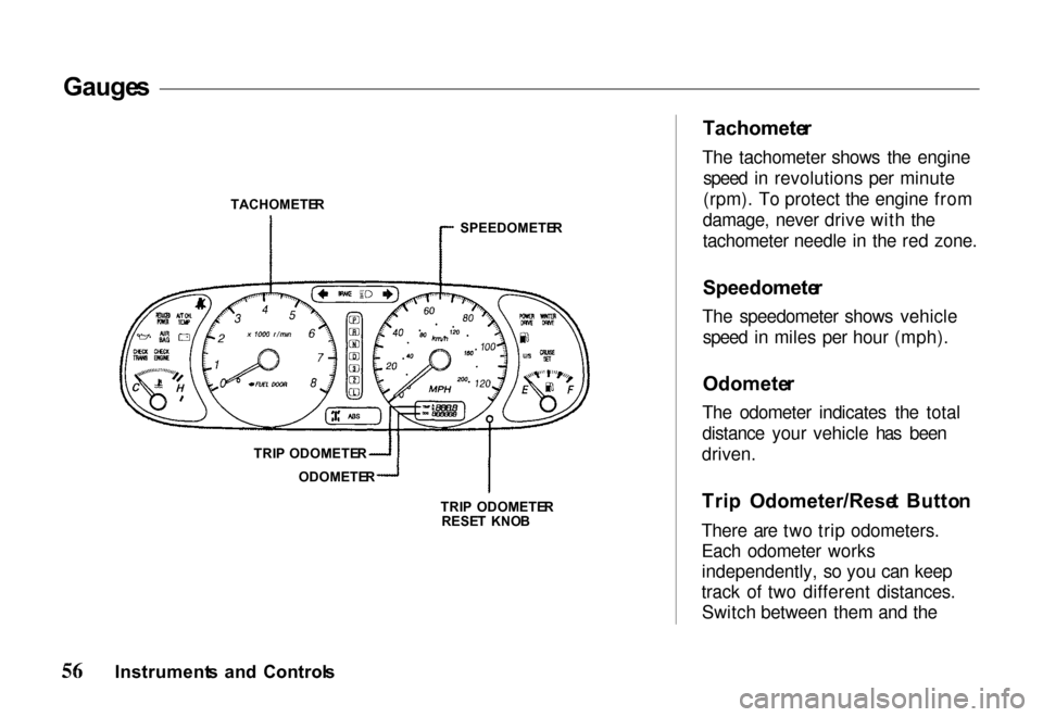 HONDA PASSPORT 2000 2.G Workshop Manual Gauge
s

TRIP ODOMETE R
TRIP  ODOMETE R
RESE T  KNO B
 Tachomete
r

The tachometer shows the engine speed in revolutions per minute
(rpm). To protect the engine from
damage, never drive with the
tacho
