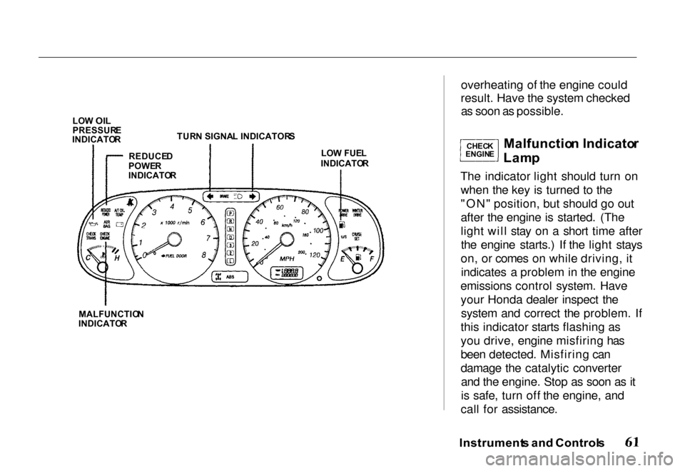HONDA PASSPORT 2000 2.G Repair Manual LO
W
 OI L

PRESSUR E
INDICATO R TUR
N SIGNA L INDICATOR S
MALFUNCTIO N
INDICATO R
 overheating of the engine could
result. Have the system checked as soon as possible.

Malfunctio n Indicato r

Lam p