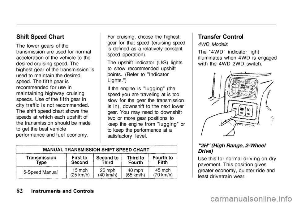 HONDA PASSPORT 2000 2.G Manual Online Shif
t  Spee d Char t

The lower gears of the transmission are used for normal
acceleration of the vehicle to the
desired cruising speed. The
highest gear of the transmission is used to maintain the d