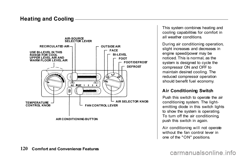 HONDA PASSPORT 2001 2.G Owners Manual Heatin
g an d  Coolin g

This  syste m  combine s heatin g an d
coolin g  capabilitie s  fo r  comfor t  i n
al l weathe r conditions .
Durin g  ai r conditionin g operation ,
sligh t  increase s  an 