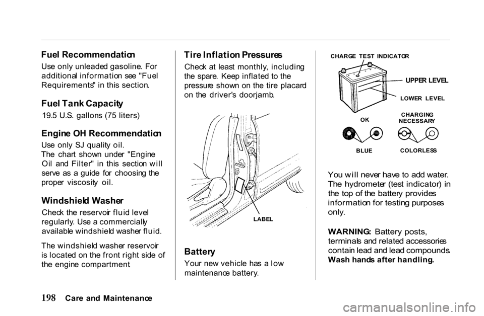 HONDA PASSPORT 2001 2.G Owners Manual Fue
l Recommendatio n
Us e onl y unleade d gasoline . Fo r
additiona l informatio n se e "Fue l
Requirements " i n thi s section .
Fue l Tan k Capacit y
19. 5 U.S . gallon s (7 5 liters )
Engin e HONDA PASSPORT 2001 2.G Owners Manual Fue
l Recommendatio n
Us e onl y unleade d gasoline . Fo r
additiona l informatio n se e "Fue l
Requirements " i n thi s section .
Fue l Tan k Capacit y
19. 5 U.S . gallon s (7 5 liters )
Engin e