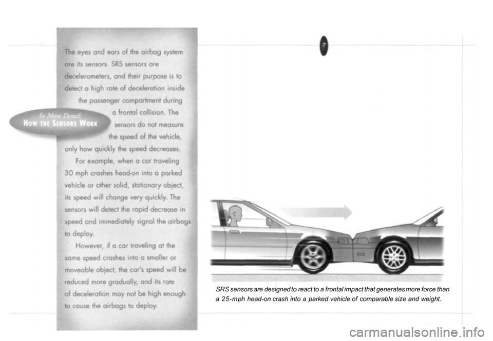 HONDA PASSPORT 2001 2.G Owners Manual SRS
 sensors are designed to react to a frontal impact that generates more force than
a  25-mp h  head-on crash into a  parked vehicle   of  comparable size and weight. 