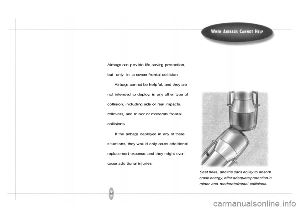 HONDA PASSPORT 2001 2.G Owners Manual 
Airbag
s  ca n povid e life-savin g  protection ,
bu t  onl y  i n  a   sever e fronta l  collision .
Airbag s canno t b e helpful ,  an d the y ar e
no t  intende d  t o  deploy ,  i n  an y  othe r