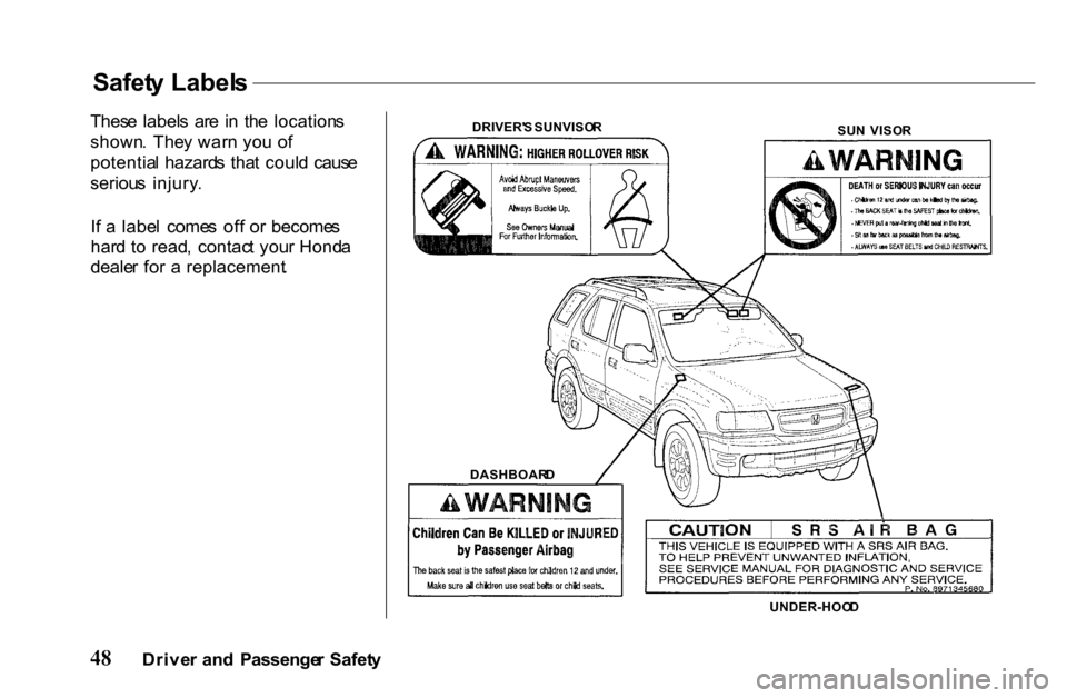 HONDA PASSPORT 2001 2.G Workshop Manual 
Thes
e  label s  ar e  i n  th e  location s
shown .  The y war n yo u o f
potentia l  hazard s  tha t coul d  caus e
seriou s  injury .
I f a   labe l  come s  of f o r  become s
har d t o  read ,  