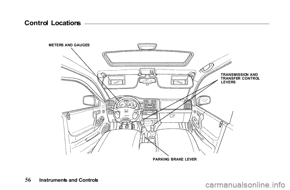 HONDA PASSPORT 2001 2.G Workshop Manual 
Contro
l  Location s

METER S AN D GAUGE S
TRANSMISSION  AN D
TRANSFE R  CONTRO L
LEVER S
PARKIN G  BRAK E  LEVE R

Instrument s an d Control s 