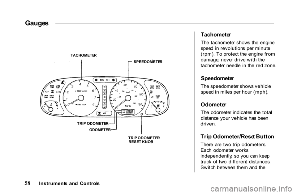 HONDA PASSPORT 2001 2.G Repair Manual Gauge
s
Tachometer
Th e tachomete r show s th e engin e
spee d i n revolution s pe r minut e
(rpm) . T o protec t th e engin e fro m
damage , neve r driv e wit h th e
tachomete r needl e i n th HONDA PASSPORT 2001 2.G Repair Manual Gauge
s
Tachometer
Th e tachomete r show s th e engin e
spee d i n revolution s pe r minut e
(rpm) . T o protec t th e engin e fro m
damage , neve r driv e wit h th e
tachomete r needl e i n th