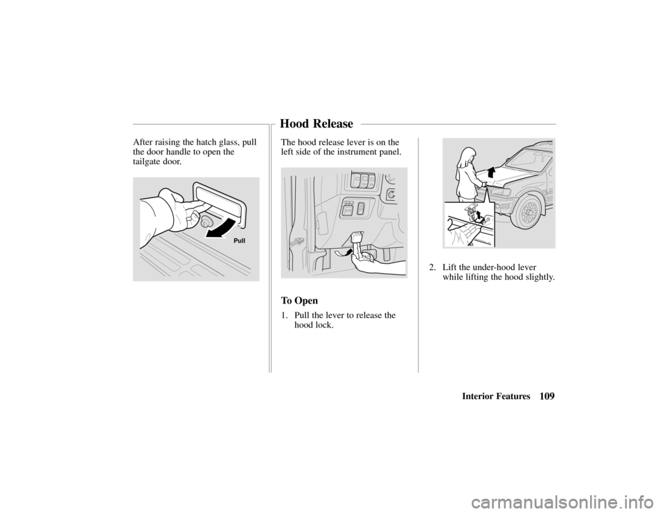 HONDA PASSPORT 2002 2.G Owners Manual 109Interior Features
After raising the hatch glass, pull
the door handle to open the
tailgate door.
Pull
The hood release lever is on the
left side of the instrument panel.
To Open
1. Pull the lever t