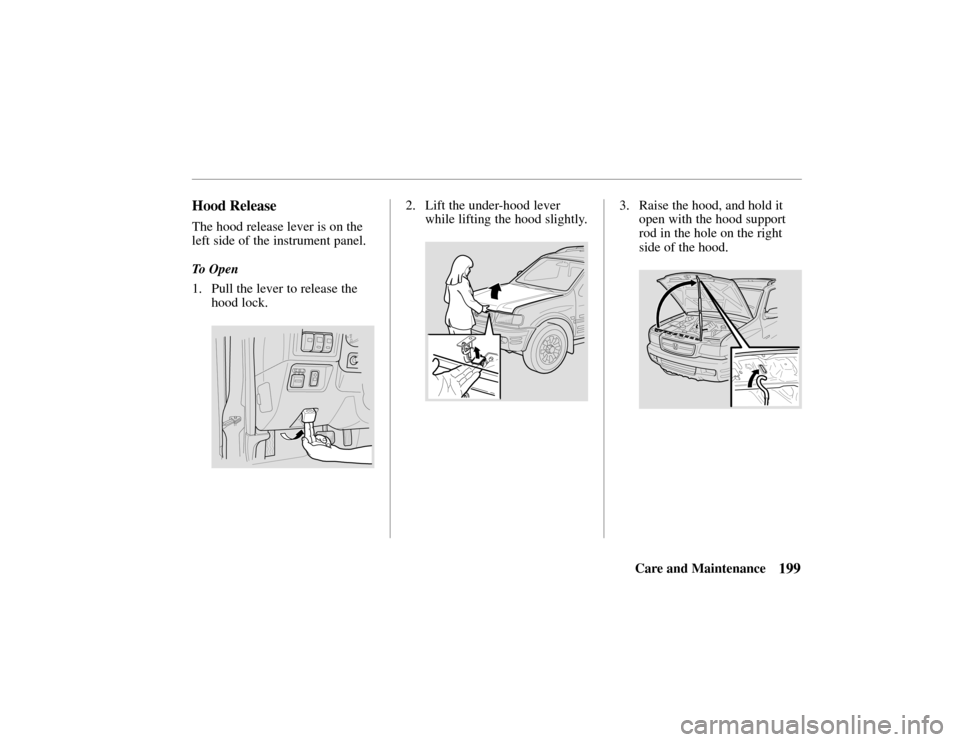 HONDA PASSPORT 2002 2.G Owners Manual 199Care and Maintenance
Hood Release
The hood release lever is on the
left side of the instrument panel.
To Open
1. Pull the lever to release thehood lock.
2. Lift the under-hood leverwhile lifting th