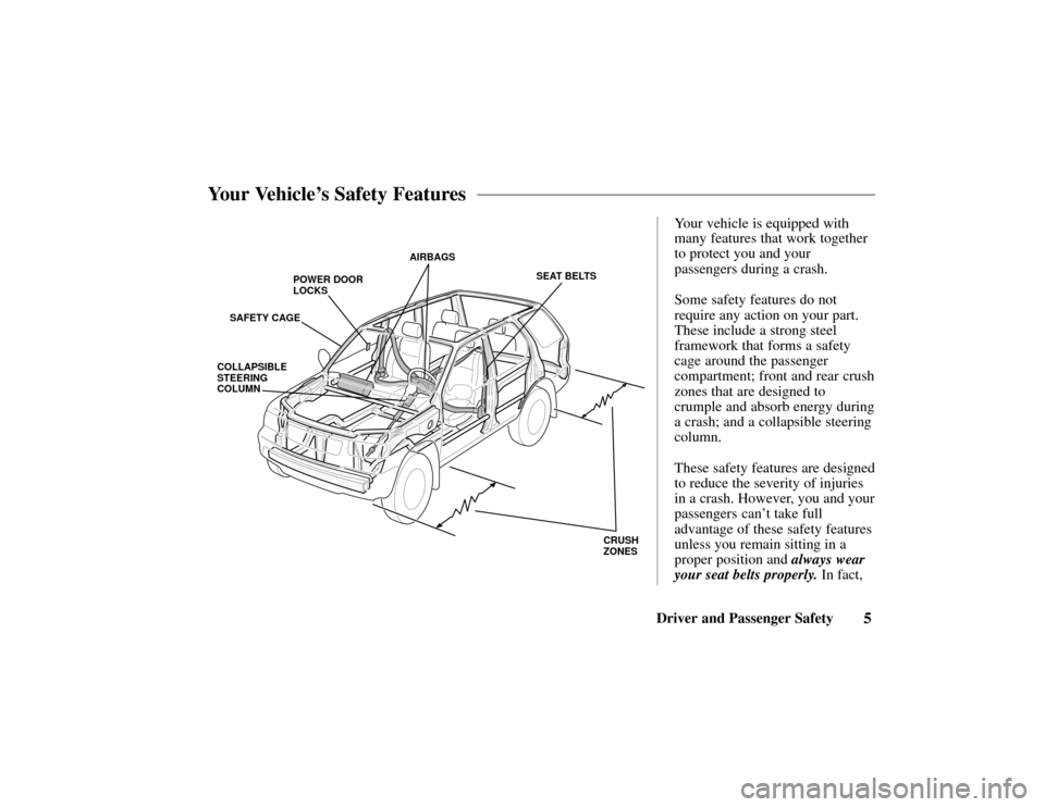 HONDA PASSPORT 2002 2.G Owners Manual POWER DOOR
LOCKSAIRBAGS
SEAT BELTS
SAFETY CAGE
COLLAPSIBLE
STEERING
COLUMN
CRUSH
ZONES
5Driver and Passenger SafetyYour vehicle is equipped with
many features that work together
to protect you and you