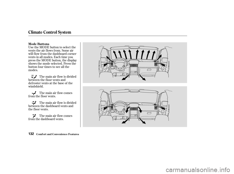 HONDA PILOT 2003 1.G Owners Manual Use the MODE button to select the
vents the air flows from. Some air
will f low f rom the dashboard corner
vents in all modes. Each time you
press the MODE button, the display
shows the mode selected.