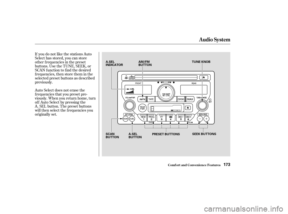 HONDA PILOT 2003 1.G Owners Manual If you do not like the stations Auto
Select has stored, you can store
other f requencies in the preset
buttons. Use the TUNE, SEEK, or
SCAN f unction to f ind the desired
f requencies, then store them
