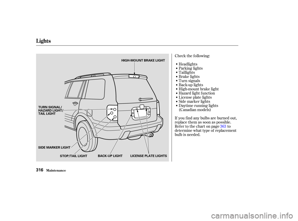 HONDA PILOT 2003 1.G Owners Manual Check the f ollowing:Headlights
Parking lights
Taillights
Brake lights
Turn signals
Back-up lights
High-mount brake light
Hazard light f unction
License plate lights
Side marker lights
Daytime running