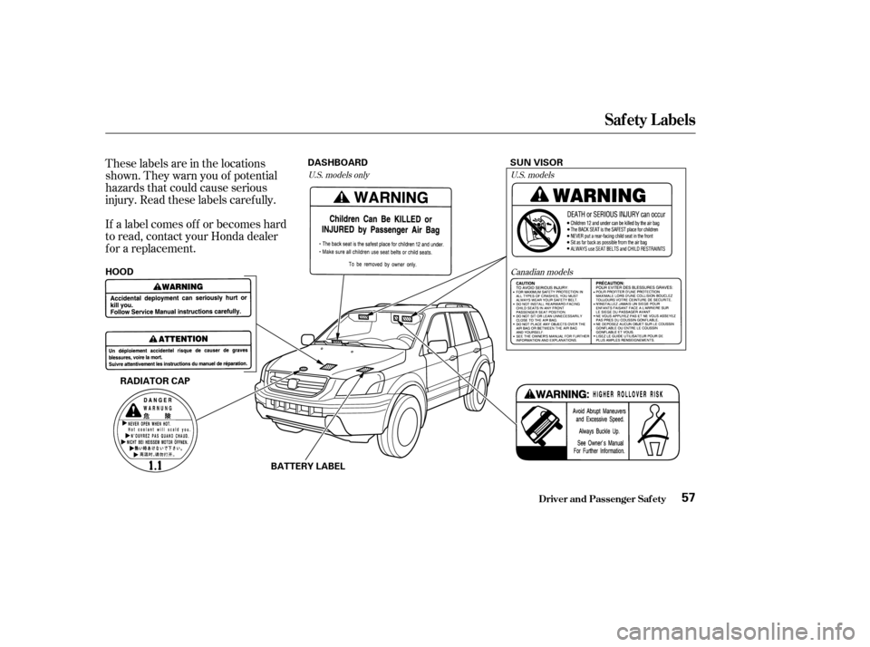 HONDA PILOT 2003 1.G Owners Manual These labels are in the locations
shown. They warn you of potential
hazards that could cause serious
injury. Read these labels caref ully.
If a label comes of f or becomes hard
to read, contact your H