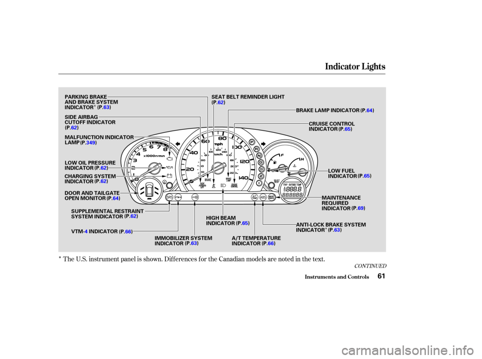 HONDA PILOT 2003 1.G Repair Manual Î
ÎÎ
The U.S. instrument panel is shown. Dif f erences f or the Canadian models are noted in the text.
CONT INUED
Indicator L ights
Inst rument s and Cont rols61
PARKING BRAKE
AND BRAKE SYSTEM
I