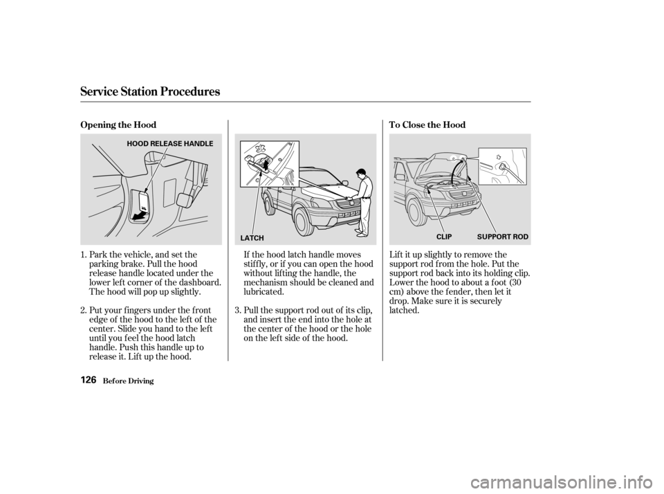 HONDA PILOT 2004 1.G Owners Manual Park the vehicle, and set the
parking brake. Pull the hood
release handle located under the
lower lef t corner of the dashboard.
The hood will pop up slightly.
Put your f ingers under the f ront
edge 