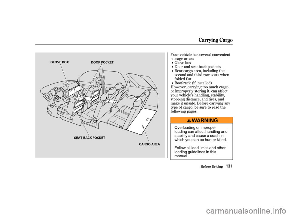 HONDA PILOT 2004 1.G Owners Manual Your vehicle has several convenient
storage areas:Glove box
Door and seat-back pockets
Rear cargo area, including the
second and third row seats when
folded flat
Roof -rack (if installed)
However, car