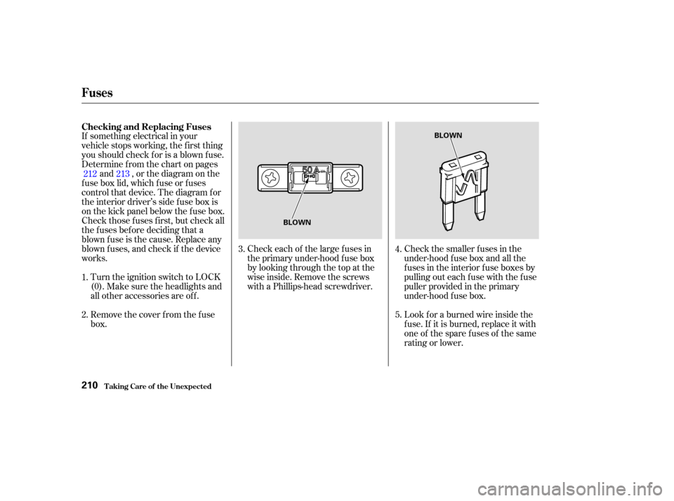 HONDA PILOT 2004 1.G Owners Manual If something electrical in your
vehicle stops working, the first thing
youshouldcheckforisablownfuse.
Determine f rom the chart on pagesand , or the diagram on the
fuse box lid, which fuse or fuses
co HONDA PILOT 2004 1.G Owners Manual If something electrical in your
vehicle stops working, the first thing
youshouldcheckforisablownfuse.
Determine f rom the chart on pagesand , or the diagram on the
fuse box lid, which fuse or fuses
co