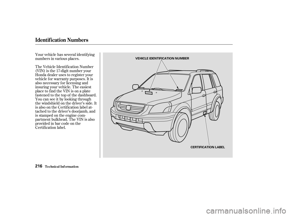 HONDA PILOT 2004 1.G Owners Manual Your vehicle has several identif ying
numbers in various places.
The Vehicle Identif ication Number
(VIN) is the17-digit number your
Honda dealer uses to register your
vehicle f or warranty purposes. 