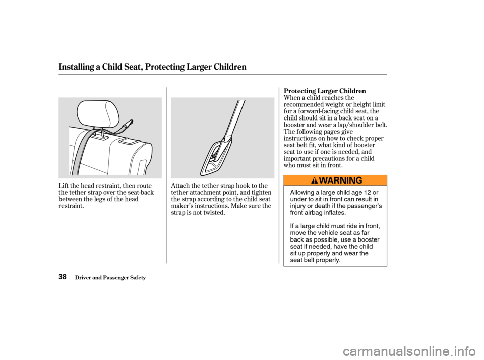 HONDA PILOT 2004 1.G Owners Manual When a child reaches the
recommended weight or height limit
for a forward-facing child seat, the
child should sit in a back seat on a
booster and wear a lap/shoulder belt.
The f ollowing pages give
in