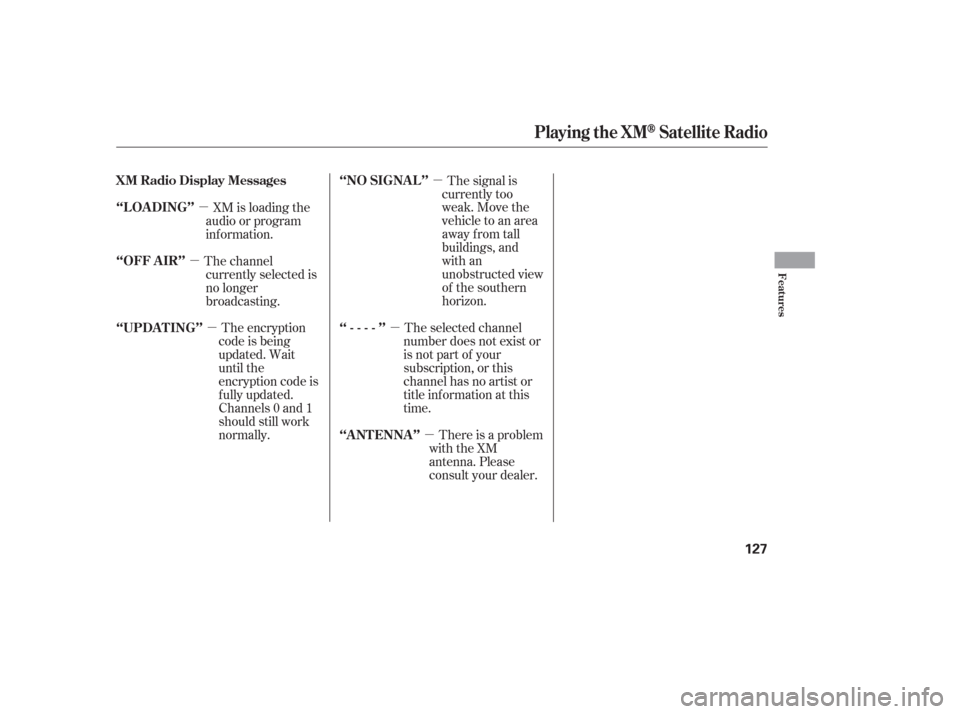 HONDA PILOT 2006 1.G Owners Manual µµ
µ
µ
µ
µ
The encryption
code is being
updated. Wait
until the
encryption code is
f ully updated.
Channels 0 and 1
should still work
normally. The signal is
currently too
weak. Move the
v