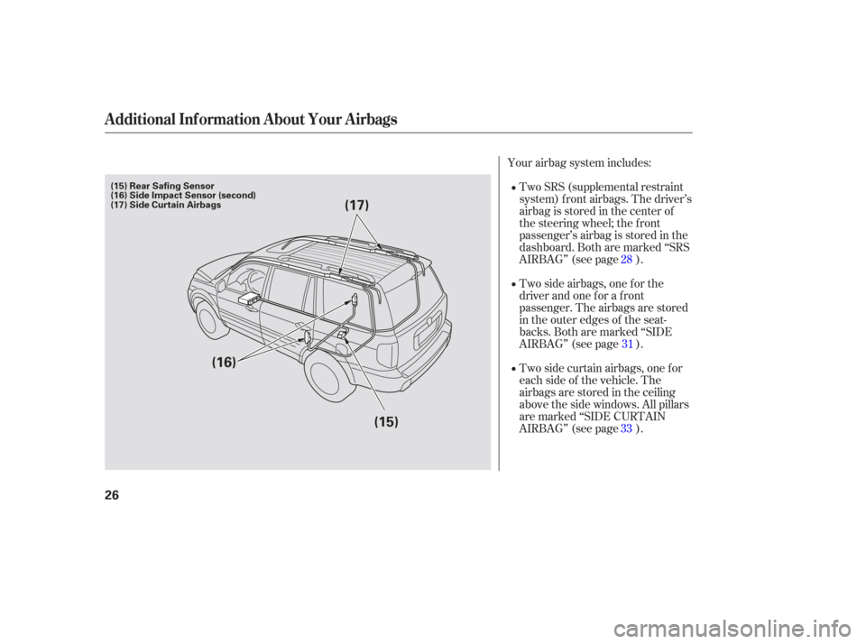 HONDA PILOT 2006 1.G Owners Manual Your airbag system includes:Two SRS (supplemental restraint
system) f ront airbags. The driver’s
airbag is stored in the center of
the steering wheel; the f ront
passenger’sairbagisstoredinthe
das HONDA PILOT 2006 1.G Owners Manual Your airbag system includes:Two SRS (supplemental restraint
system) f ront airbags. The driver’s
airbag is stored in the center of
the steering wheel; the f ront
passenger’sairbagisstoredinthe
das