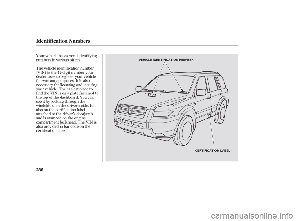 HONDA PILOT 2006 1.G Owners Manual Your vehicle has several identif ying
numbers in various places.
The vehicle identif ication number
(VIN) is the 17-digit number your
dealer uses to register your vehicle
f or warranty purposes. It is