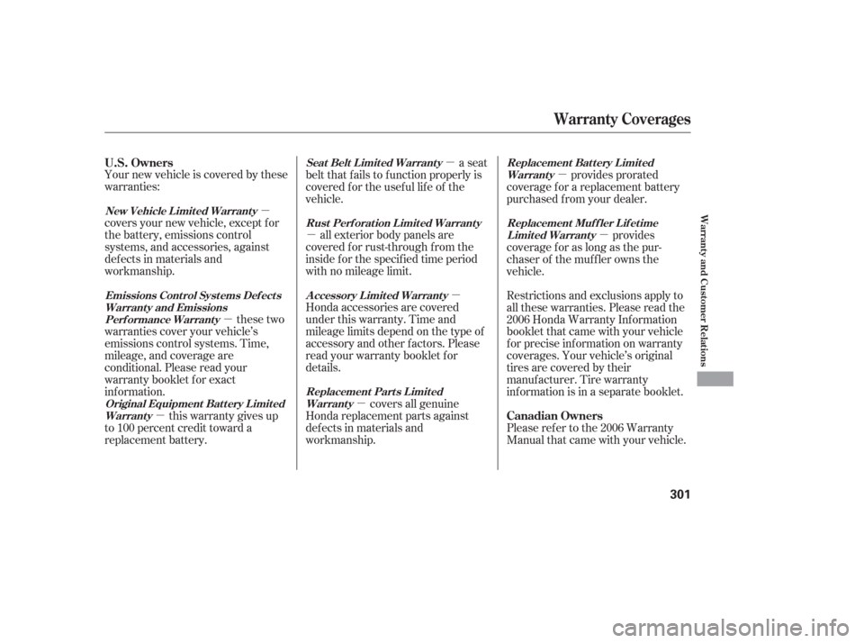 HONDA PILOT 2006 1.G Owners Manual µ
µ
µ µ
µ µµ
µ
µ
Your new vehicle is covered by these
warranties:
covers your new vehicle, except f or
the battery, emissions control
systems, and accessories, against
def ects in ma