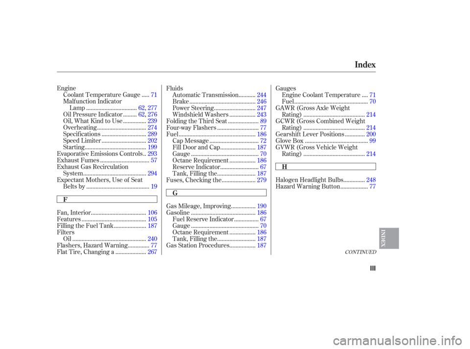 HONDA PILOT 2006 1.G Owners Manual CONT INUED
Engine....
Coolant Temperature Gauge . 71
Malf unction Indicator ................................
Lamp .62, 277
........
Oil Pressure Indicator . 62,276
..............
Oil, What Kind to Use