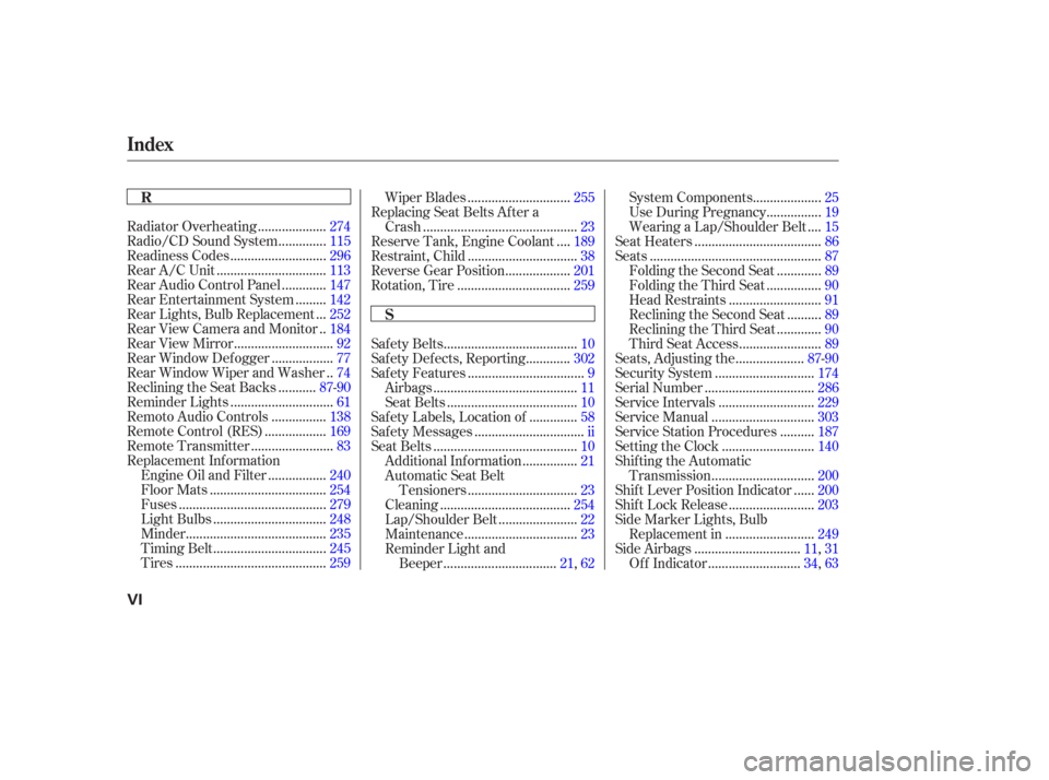 HONDA PILOT 2006 1.G Owners Manual ...................
Radiator Overheating . 274
.............
Radio/CD Sound System . 115
...........................
Readiness Codes .296
...............................
Rear A/C Unit .113
...........