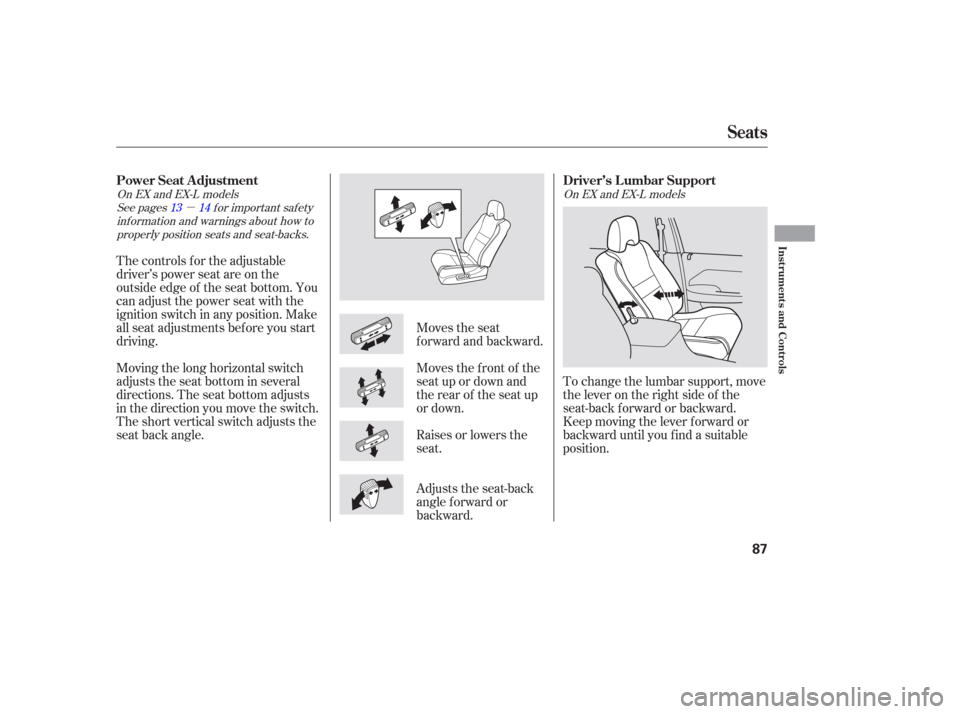 HONDA PILOT 2006 1.G Owners Manual µ
To change the lumbar support, move
the lever on the right side of the
seat-back forward or backward.
Keep moving the lever f orward or
backward until you f ind a suitable
position.
The controls f 