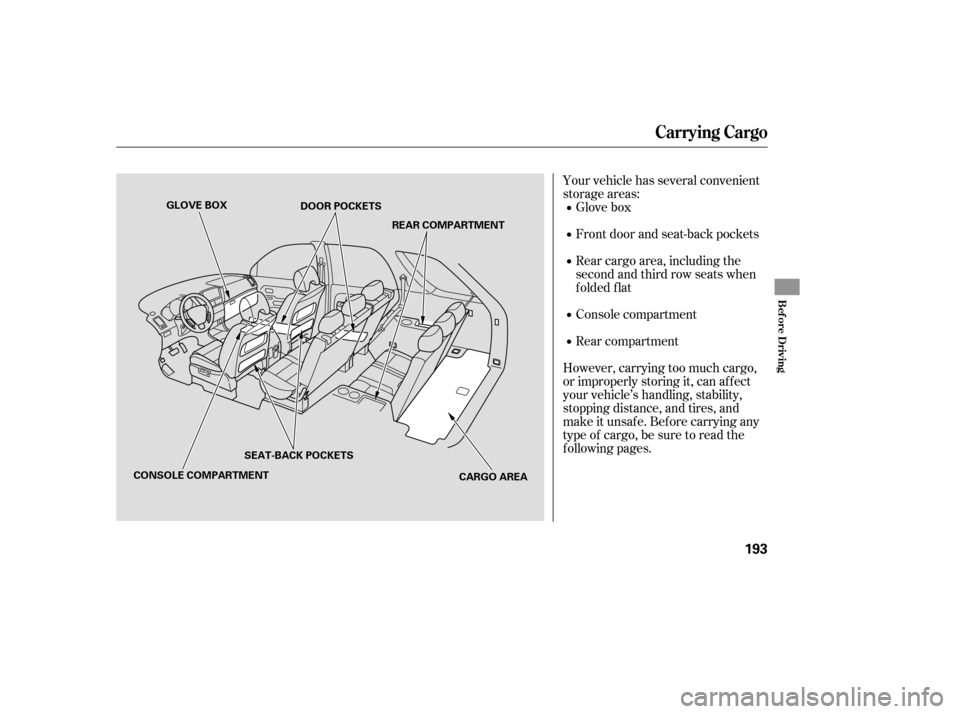 HONDA PILOT 2007 1.G Owners Manual Your vehicle has several convenient
storage areas:Glove box
Front door and seat-back pockets
Rear cargo area, including the
second and third row seats when
folded flat
Console compartment
Rear compart