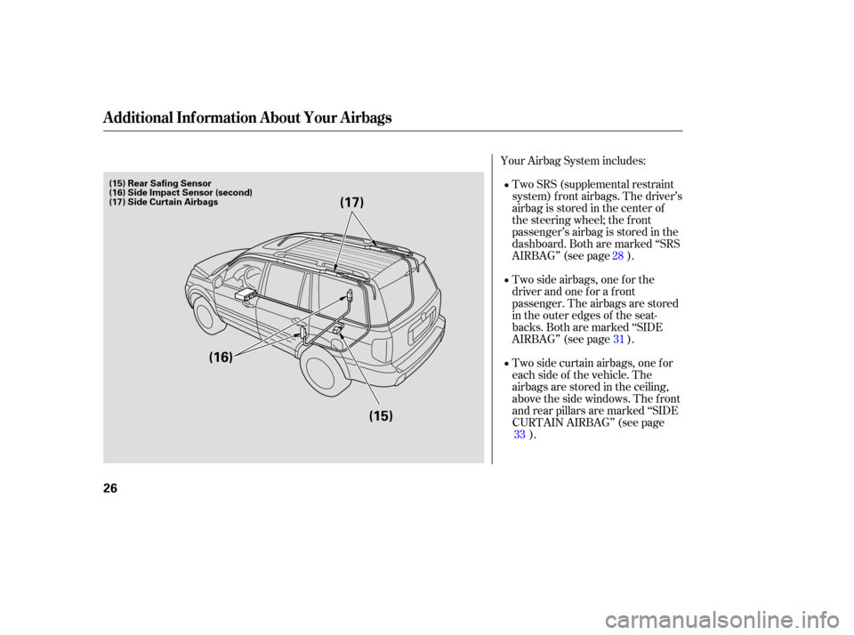 HONDA PILOT 2007 1.G Owners Manual Two SRS (supplemental restraint
system) front airbags. The driver’s
airbag is stored in the center of
the steering wheel; the front
passenger’sairbagisstoredinthe
dashboard. Both are mar HONDA PILOT 2007 1.G Owners Manual Two SRS (supplemental restraint
system) front airbags. The driver’s
airbag is stored in the center of
the steering wheel; the front
passenger’sairbagisstoredinthe
dashboard. Both are mar