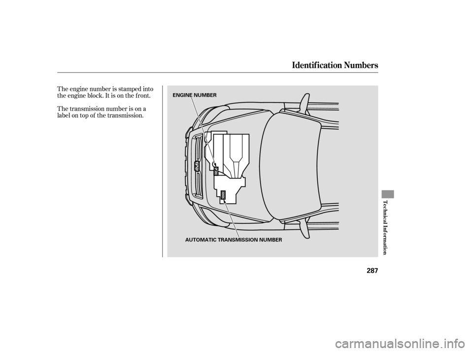 HONDA PILOT 2007 1.G Owners Manual The transmission number is on a
label on top of the transmission. The engine number is stamped into
the engine block. It is on the f ront.
Identif ication Numbers
Technical Inf ormation
287
ENGINE NUM