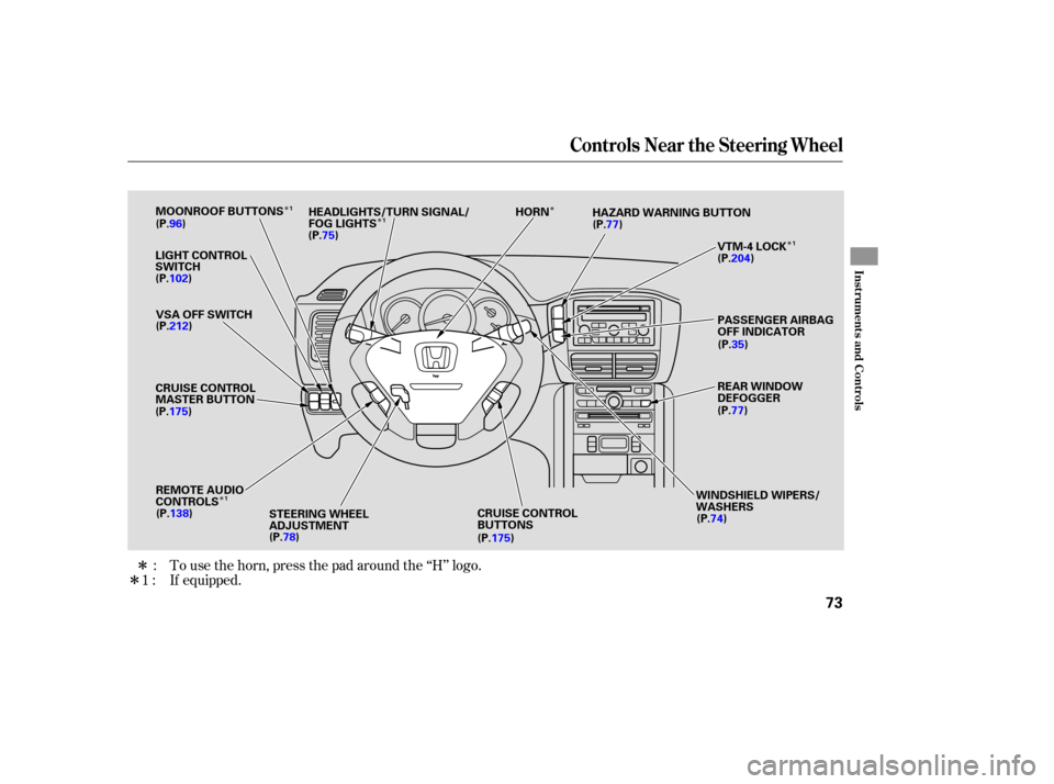 HONDA PILOT 2007 1.G Owners Manual ÎÎ
Î
Î
Î
Î
Î  If equipped.
To 
use  the horn,  press  the pad  around  the ‘‘H’’  logo.
:
1:
Controls  Near the Steering  Wheel
Instru me ntsand Cont ro ls
73
LIGHT  CONTROL
SWIT