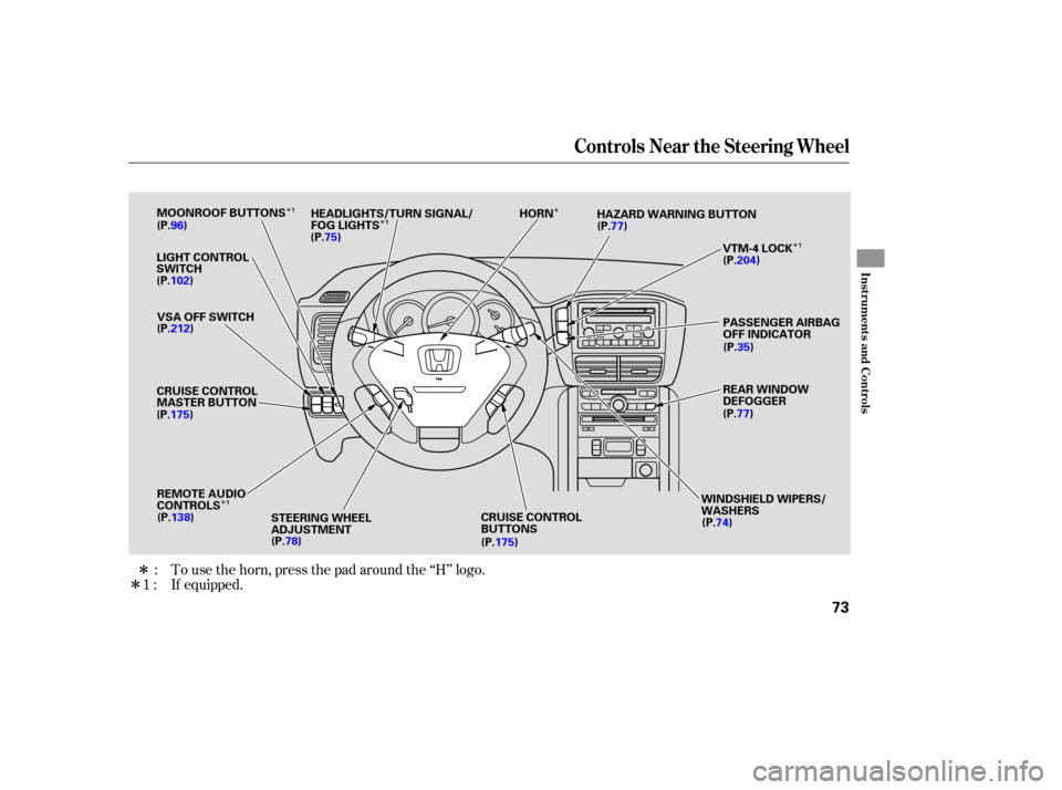 HONDA PILOT 2007 1.G Manual PDF ÎÎ
Î
Î
Î
Î
Î  If equipped.
To 
use  the horn,  press  the pad  around  the ‘‘H’’  logo.
:
1:
Controls  Near the Steering  Wheel
Instru me ntsand Cont ro ls
73
LIGHT  CONTROL
SWIT