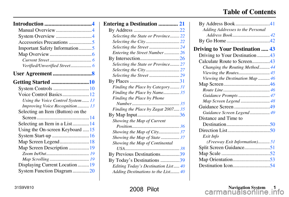 HONDA PILOT 2008 1.G Navigation Manual Navigation System1
Table of Contents
Introduction ..................................4
Manual Overview ............................4
System Overview ............................4
Accessories Precaution