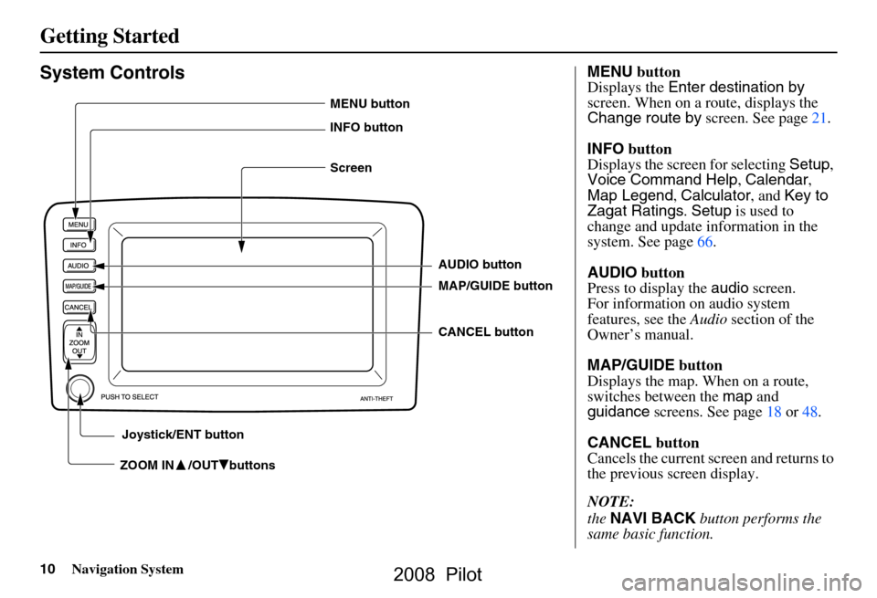 HONDA PILOT 2008 1.G Navigation Manual 
10Navigation System
Getting Started
System Controls
ZOOM IN    /OUT   buttons
AUDIO button
MAP/GUIDE button
CANCEL button
MENU button
INFO button
Screen
Joystick/ENT button
MENU  button
Displays the 