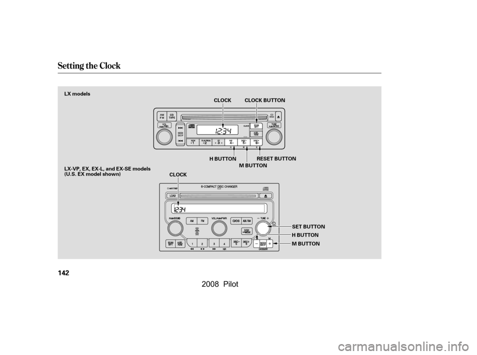 HONDA PILOT 2008 1.G Owners Manual Setting the Clock
142
CLOCKH BUTTON 
M BUTTON
CLOCK CLOCK BUTTON
H BUTTON RESET BUTTON
M BUTTON
SET BUTTON
LX models 
LX-VP, EX, EX-L, and EX-SE models 
(U.S. EX model shown)
\f—\f—\fy
