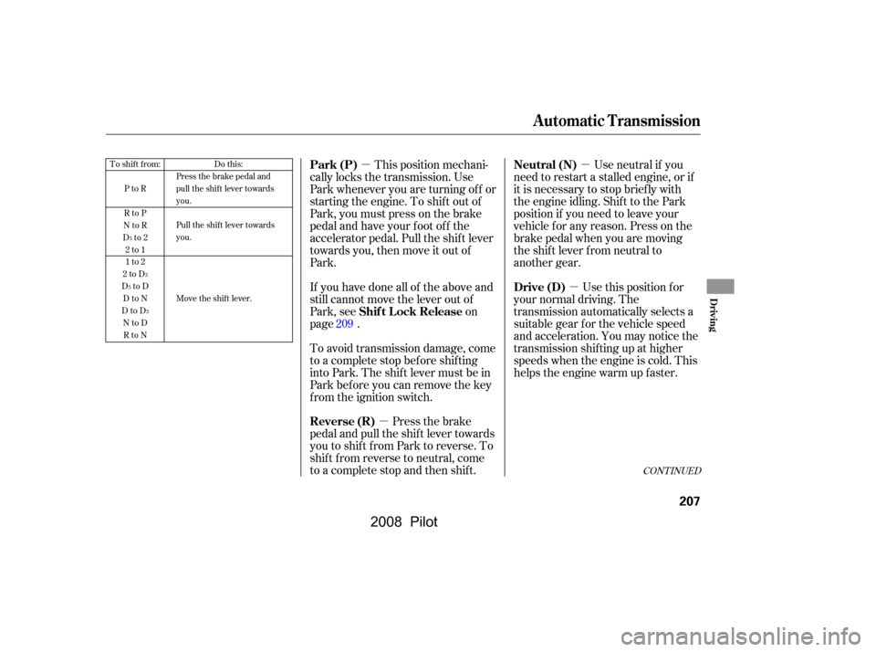 HONDA PILOT 2008 1.G Owners Manual µ
µ
µ
µTo shift from: PtoR 
RtoP
NtoR
Dto2 2to1 
1to2
2toD
DtoD DtoN
DtoD NtoDRtoN Do this:
Press the brake pedal and
pull the shift lever towards
you. 
Pull the shift lever towards 
you. 
Mov