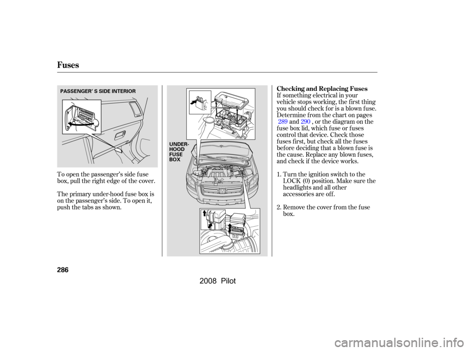 HONDA PILOT 2008 1.G Owners Manual If something electrical in your 
vehicle stops working, the first thing
youshouldcheckforisablownfuse. 
Determine f rom the chart on pagesand , or the diagram on the
f use box lid, which f use or f us