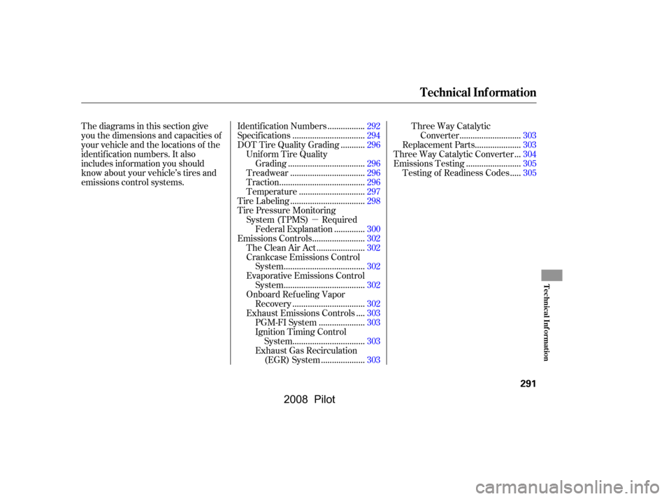 HONDA PILOT 2008 1.G Owners Manual µ
Thediagramsinthissectiongive 
you the dimensions and capacities of
your vehicle and the locations of the 
identif ication numbers. It also
includes inf ormation you should
know about your vehicle�