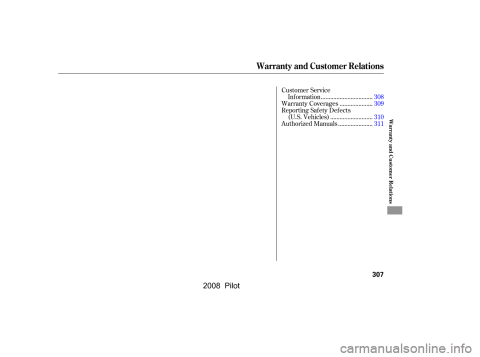 HONDA PILOT 2008 1.G Owners Guide Customer Service................................
Inf ormation .308
....................
Warranty Coverages .309 
Reporting Saf ety Def ects
..........................
(U.S. Vehicles) .310
............