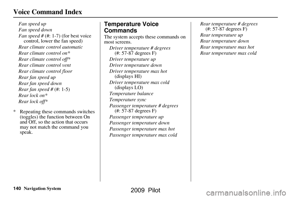 HONDA PILOT 2009 2.G Navigation Manual 140Navigation System
Voice Command Index
Fan speed up 
Fan speed down
Fan speed # (#: 1-7) (for best voice 
control, lower the fan speed)
Rear climate control automatic
Rear climate control on*
Rear c