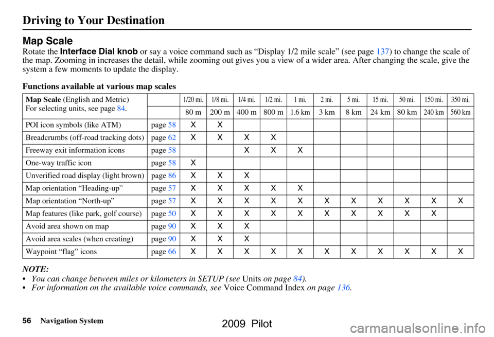 HONDA PILOT 2009 2.G Navigation Manual 
56Navigation System
Map Scale
Rotate the Interface Dial knob  or say a voice command such as “Display 1/2 m ile scale” (see page 137) to  change the scale of 
the map. Zooming in increases the de